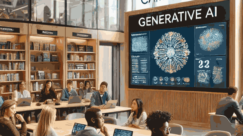 Illustration using Gen AI depecting a scene of students in a Gen AI class and a screen at the front displaying the words Generatibve AI